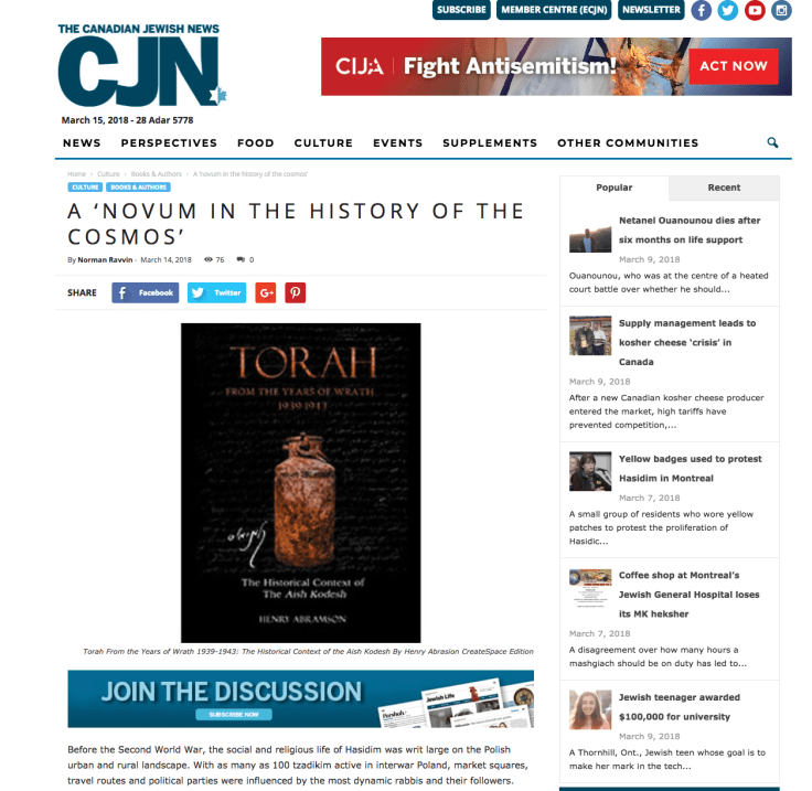 A ‘NOVUM IN THE HISTORY OF THE COSMOS:’ Dr. Norman Ravvin on The Piaseczno&nbsp;Rebbe